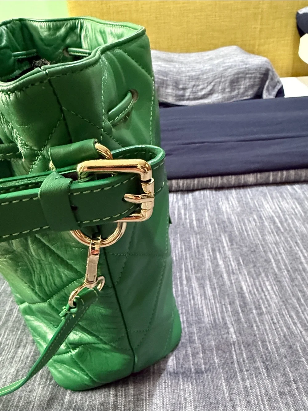 Green genuine Leather bucket Tote with Italian Craftsmanship
